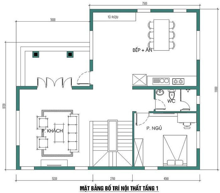 Bản vẽ mặt bằng tầng một biệt thự tân cổ điển 3 tầng 11x13m
