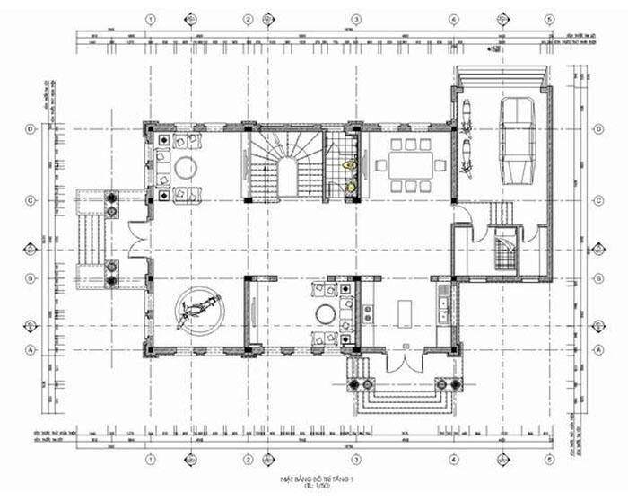 Bản vẽ mặt bằng tầng một biệt thự tân cổ điển 3 tầng 15x10m