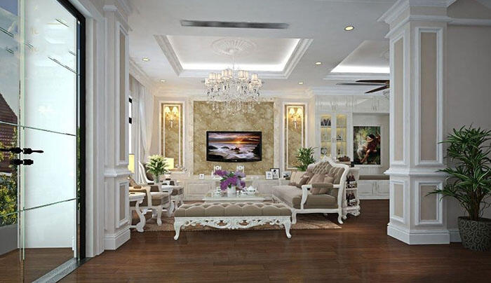 Thiết kế phòng khách biệt thự tân cổ điển 3 tầng 190m2 